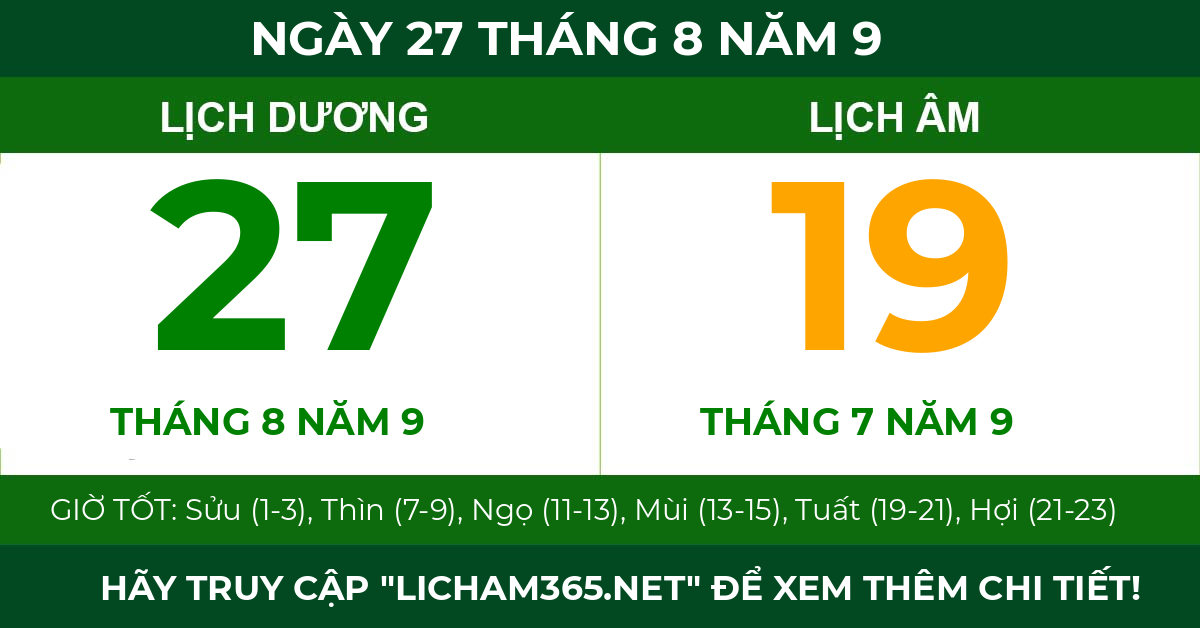 lịch âm ngày 27 tháng 8 năm 9