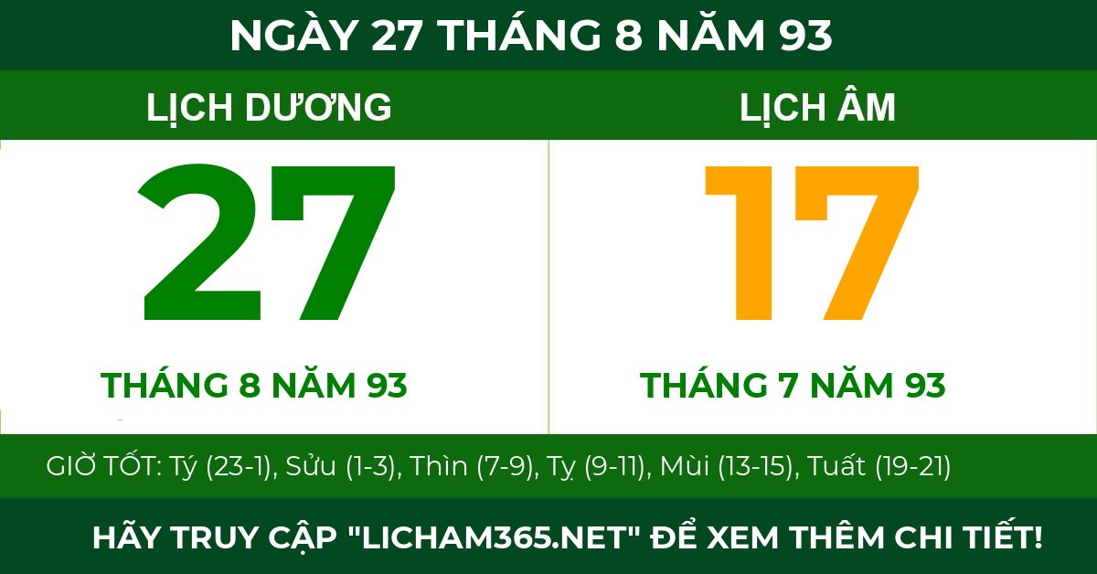 lịch âm ngày 27 tháng 8 năm 93