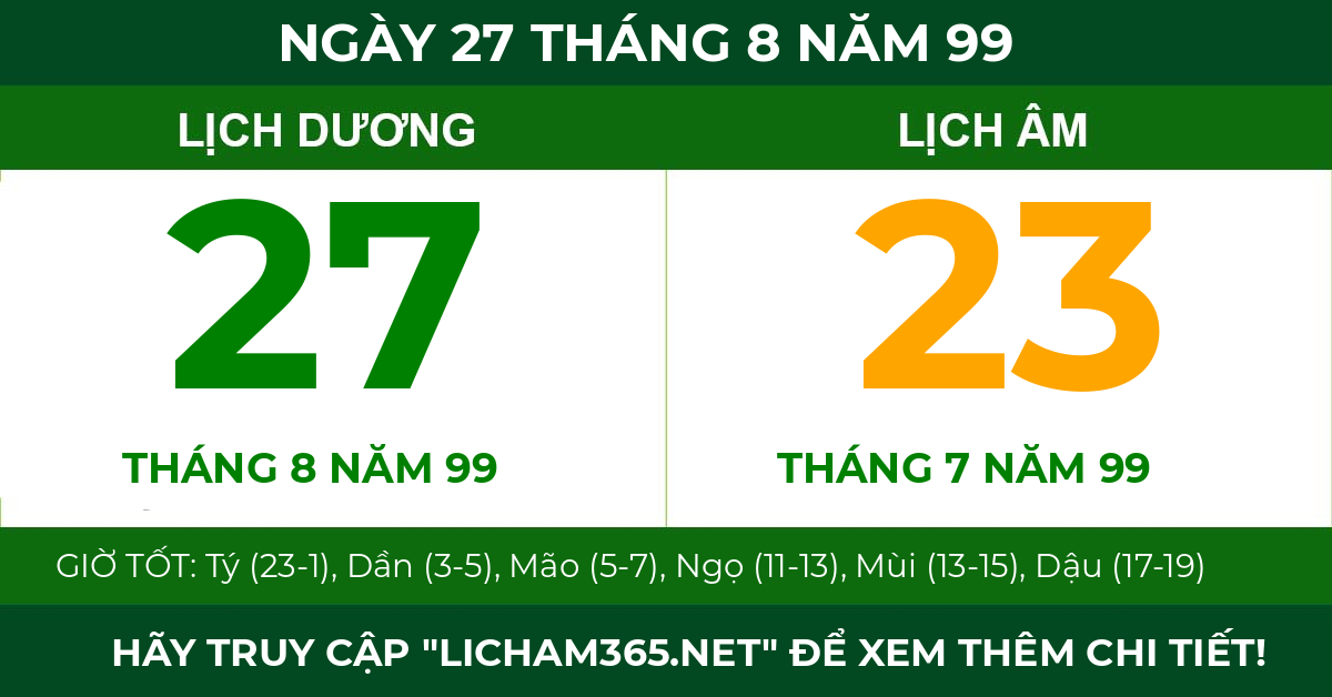lịch âm ngày 27 tháng 8 năm 99