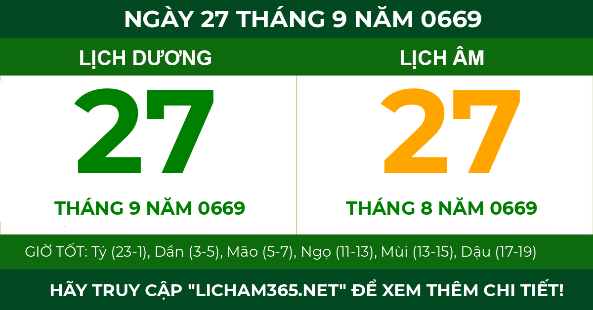 lịch âm ngày 27 tháng 9 năm 0669