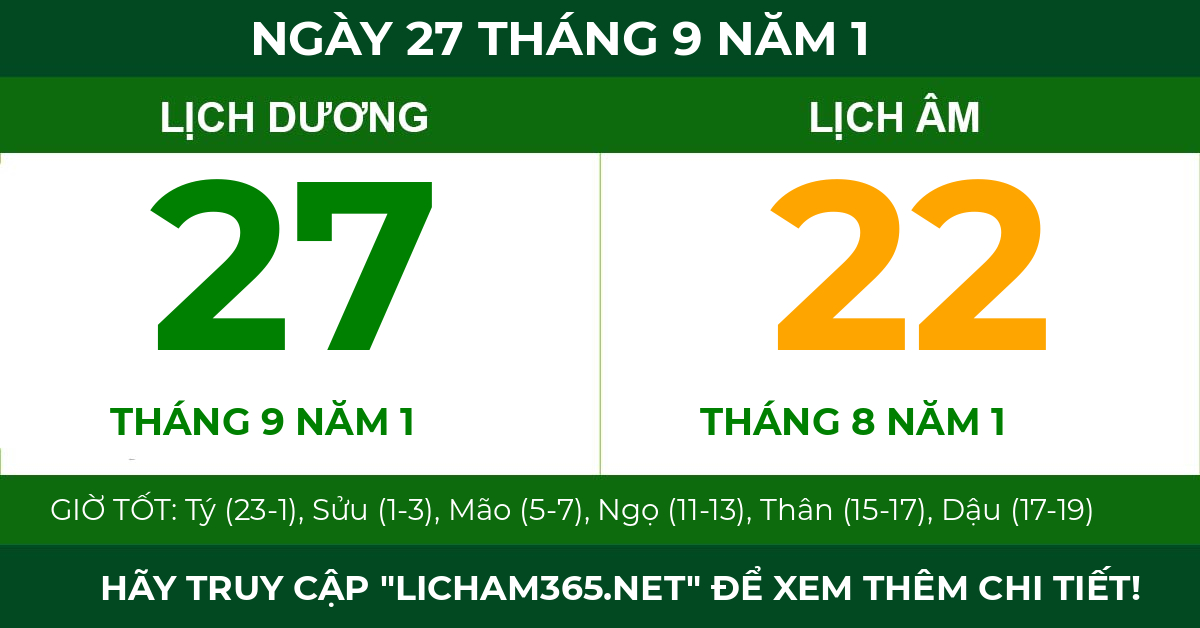 lịch âm ngày 27 tháng 9 năm 1