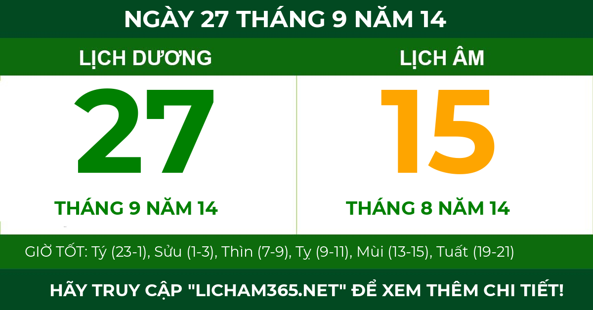 lịch âm ngày 27 tháng 9 năm 14