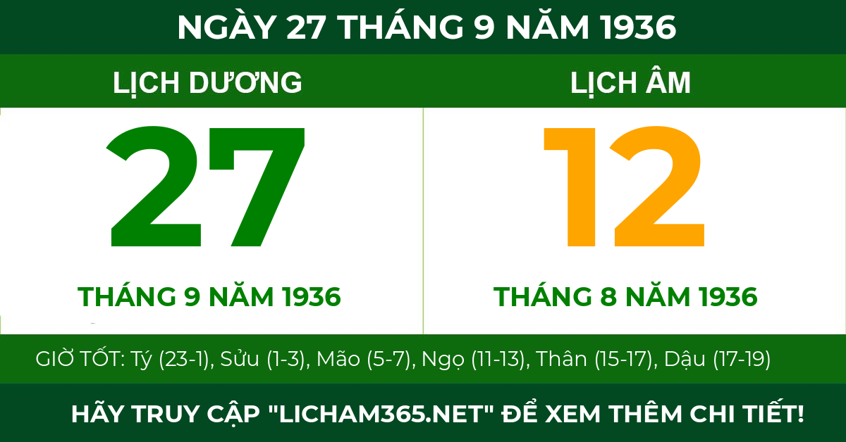 lịch âm ngày 27 tháng 9 năm 1936