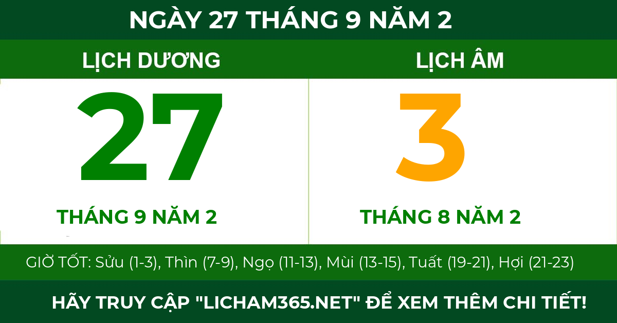 lịch âm ngày 27 tháng 9 năm 2
