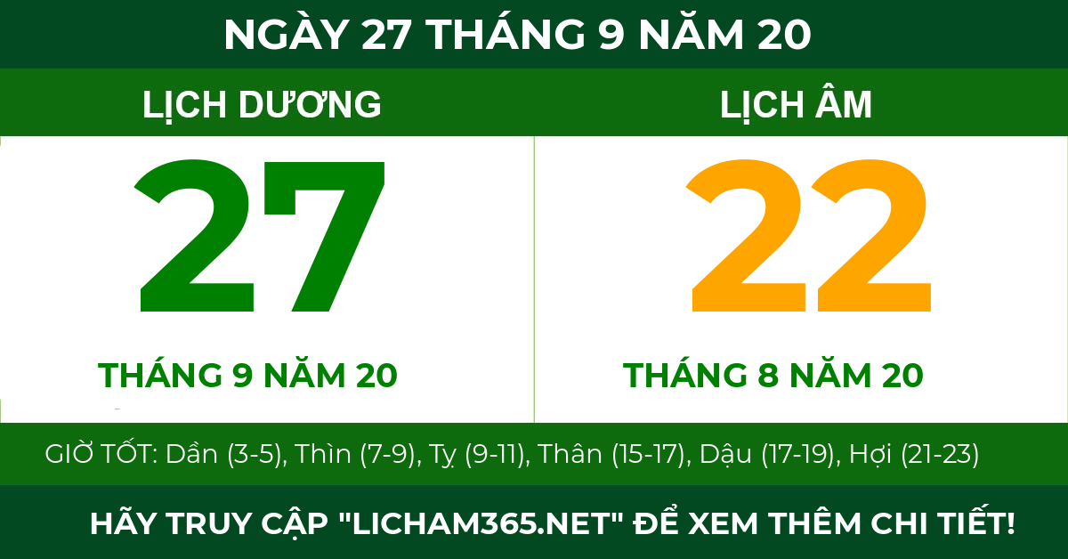 lịch âm ngày 27 tháng 9 năm 20