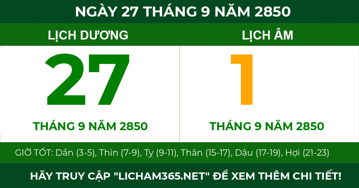 lịch âm ngày 27 tháng 9 năm 2850