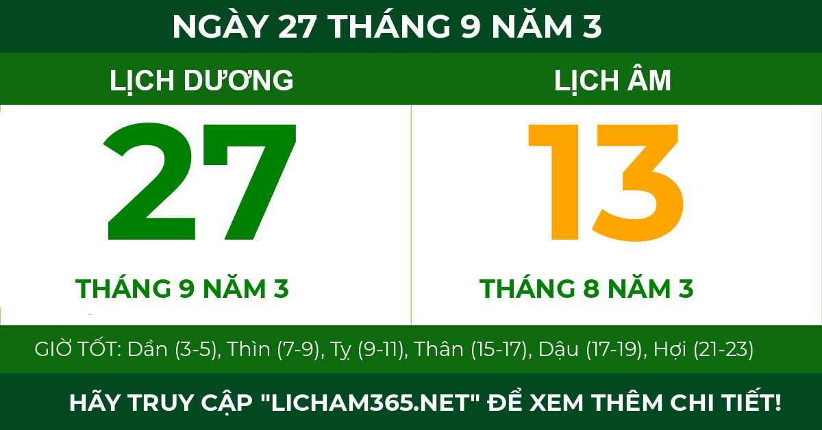 lịch âm ngày 27 tháng 9 năm 3