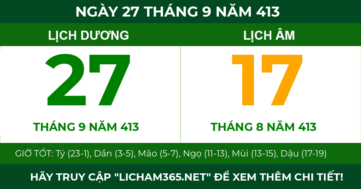 lịch âm ngày 27 tháng 9 năm 413