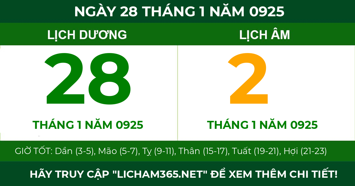 lịch âm ngày 28 tháng 1 năm 0925