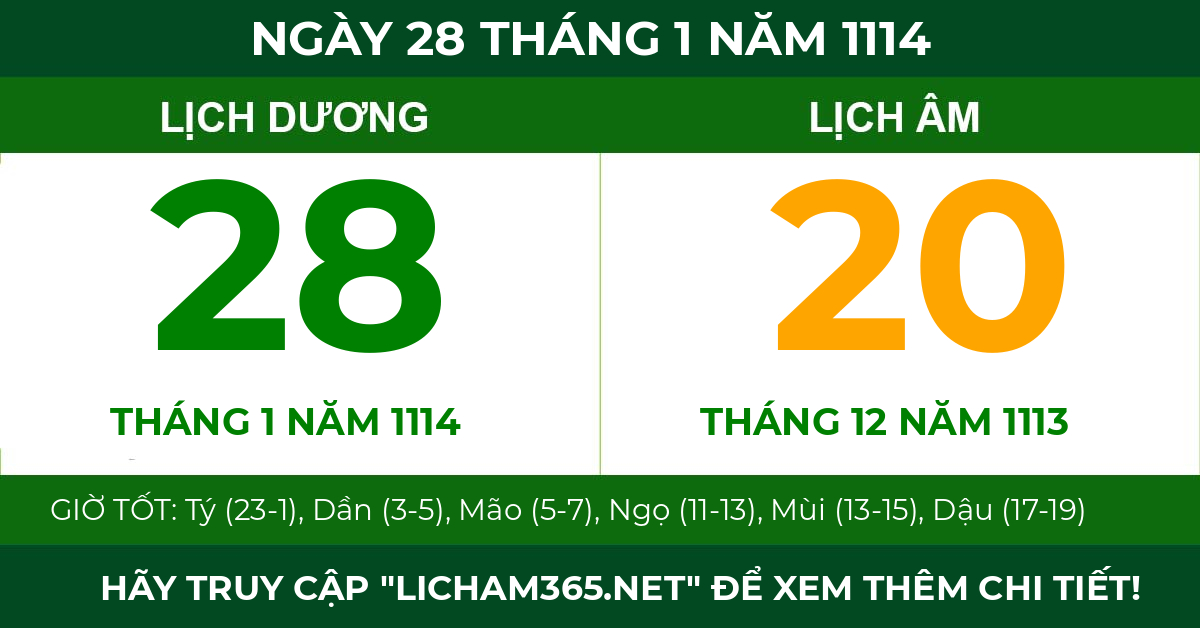 lịch âm ngày 28 tháng 1 năm 1114