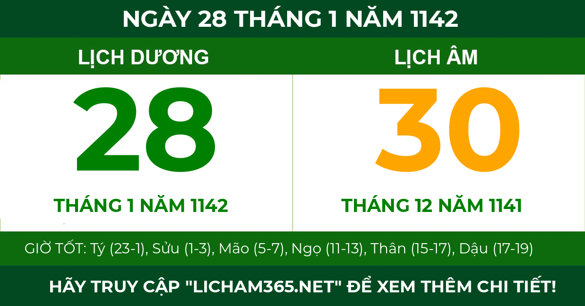 lịch âm ngày 28 tháng 1 năm 1142