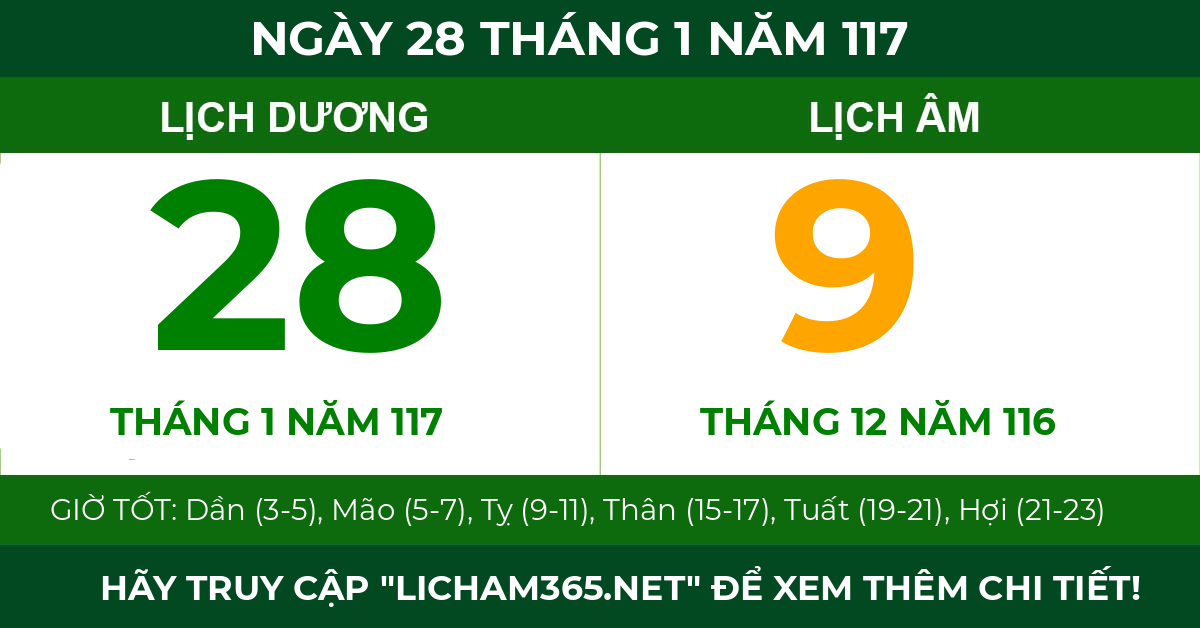 lịch âm ngày 28 tháng 1 năm 117