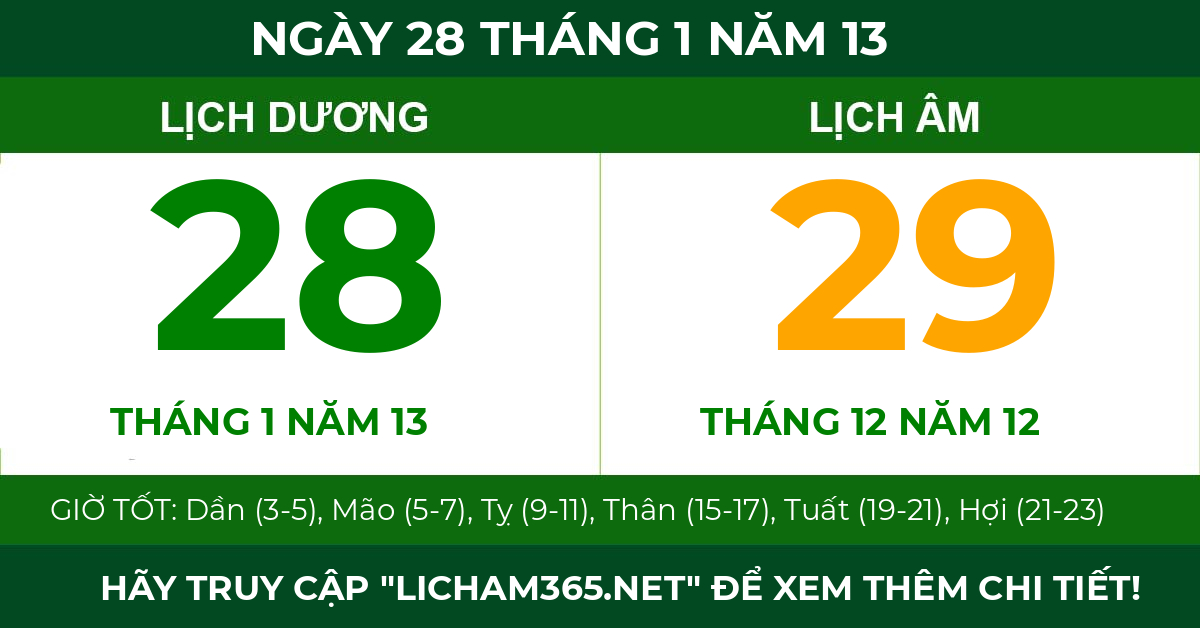 lịch âm ngày 28 tháng 1 năm 13