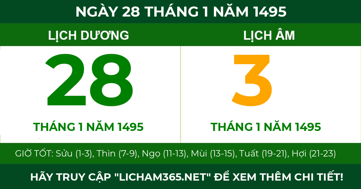 lịch âm ngày 28 tháng 1 năm 1495