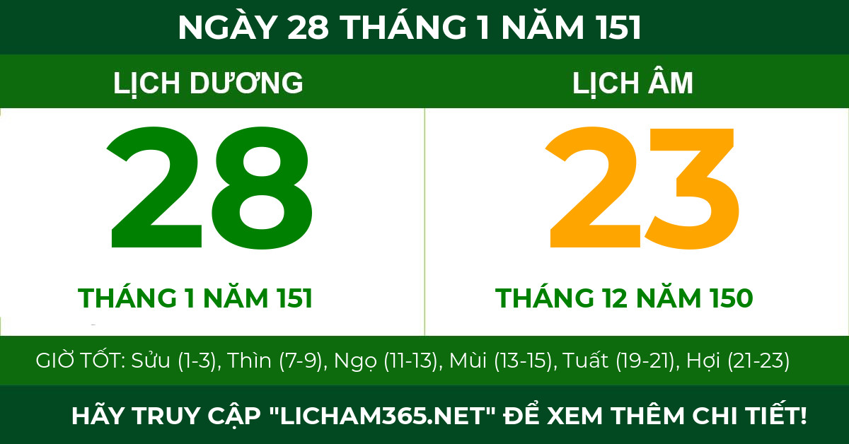 lịch âm ngày 28 tháng 1 năm 151
