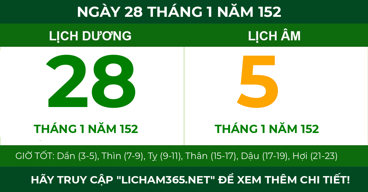 lịch âm ngày 28 tháng 1 năm 152