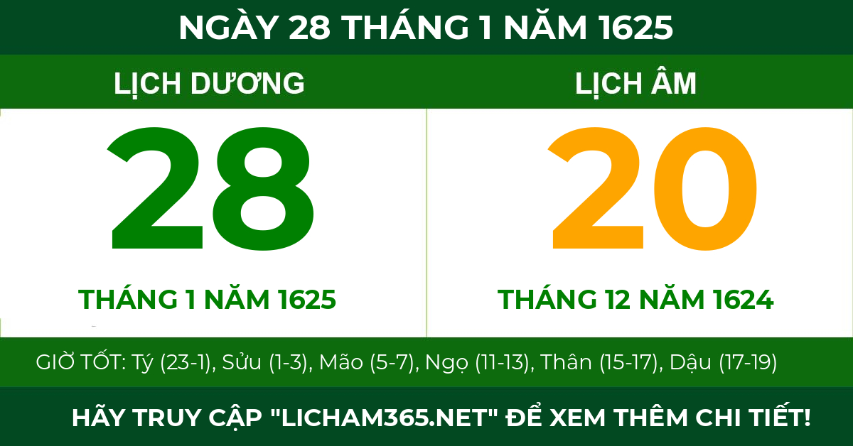 lịch âm ngày 28 tháng 1 năm 1625