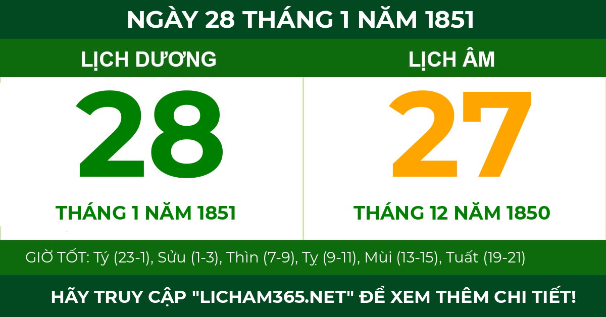 lịch âm ngày 28 tháng 1 năm 1851