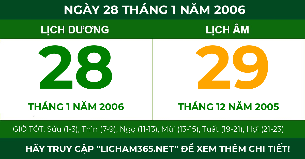 lịch âm ngày 28 tháng 1 năm 2006