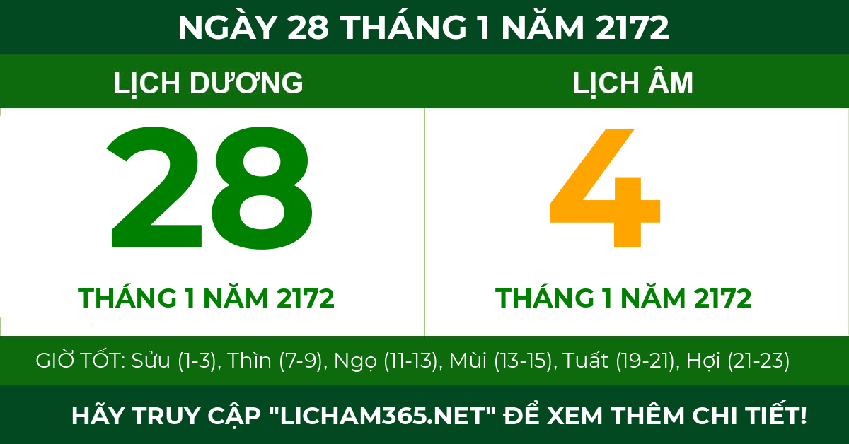 lịch âm ngày 28 tháng 1 năm 2172