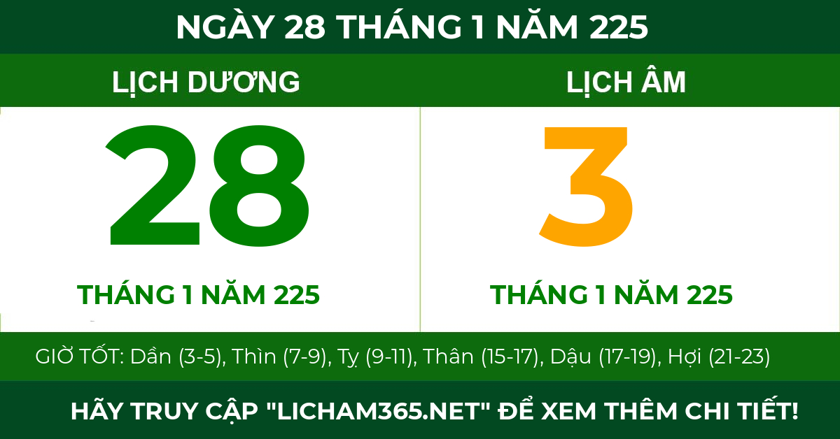 lịch âm ngày 28 tháng 1 năm 225