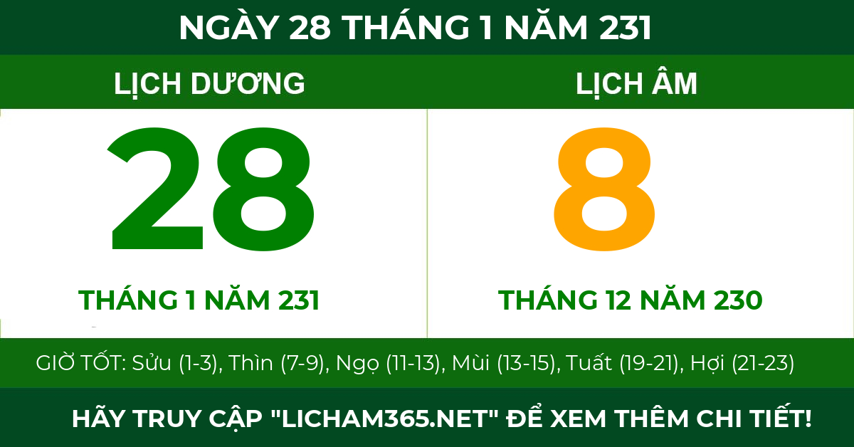 lịch âm ngày 28 tháng 1 năm 231