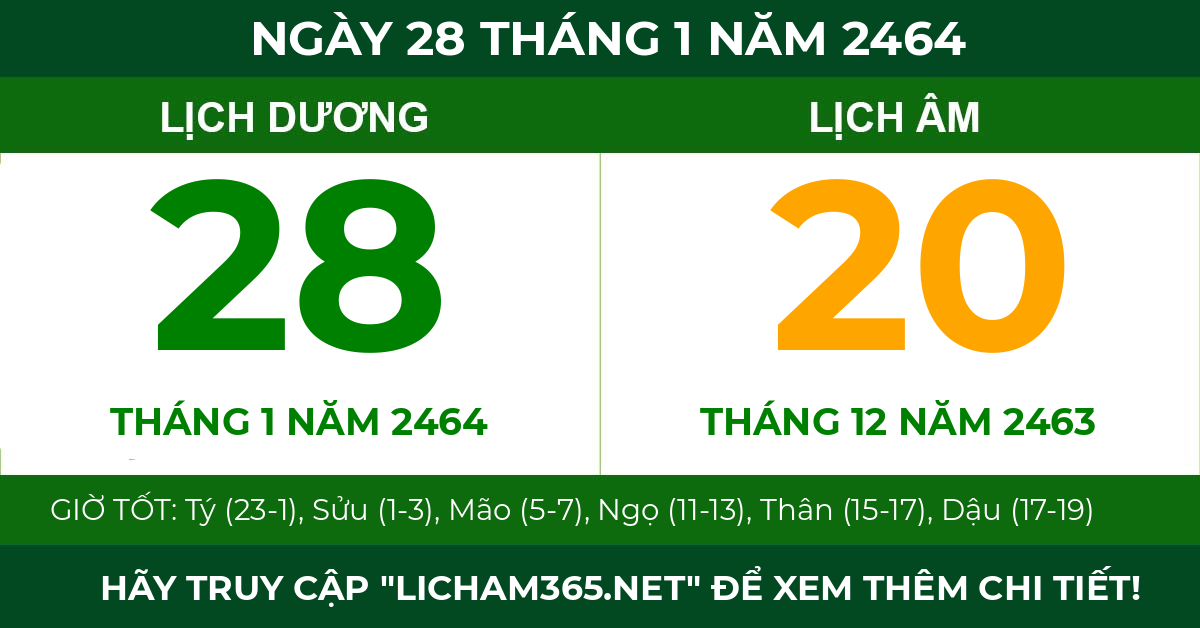 lịch âm ngày 28 tháng 1 năm 2464