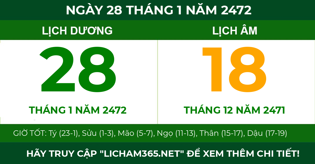 lịch âm ngày 28 tháng 1 năm 2472