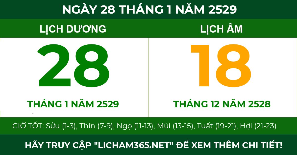 lịch âm ngày 28 tháng 1 năm 2529