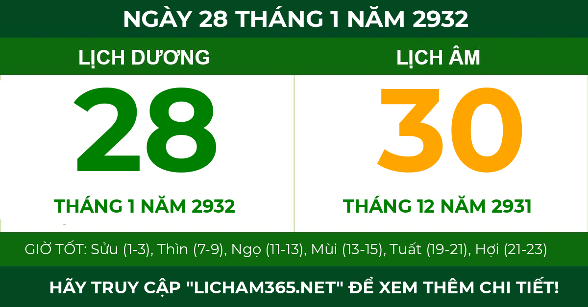 lịch âm ngày 28 tháng 1 năm 2932