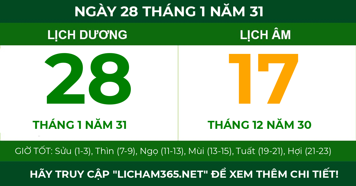 lịch âm ngày 28 tháng 1 năm 31