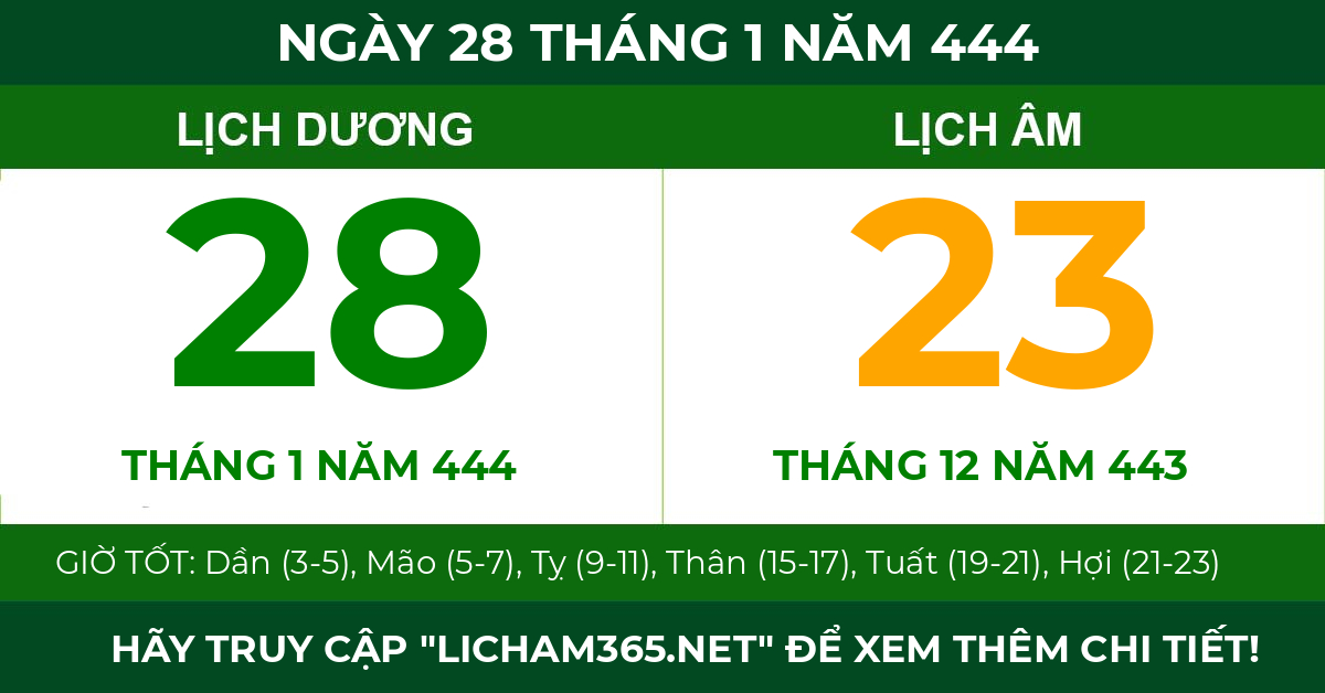 lịch âm ngày 28 tháng 1 năm 444