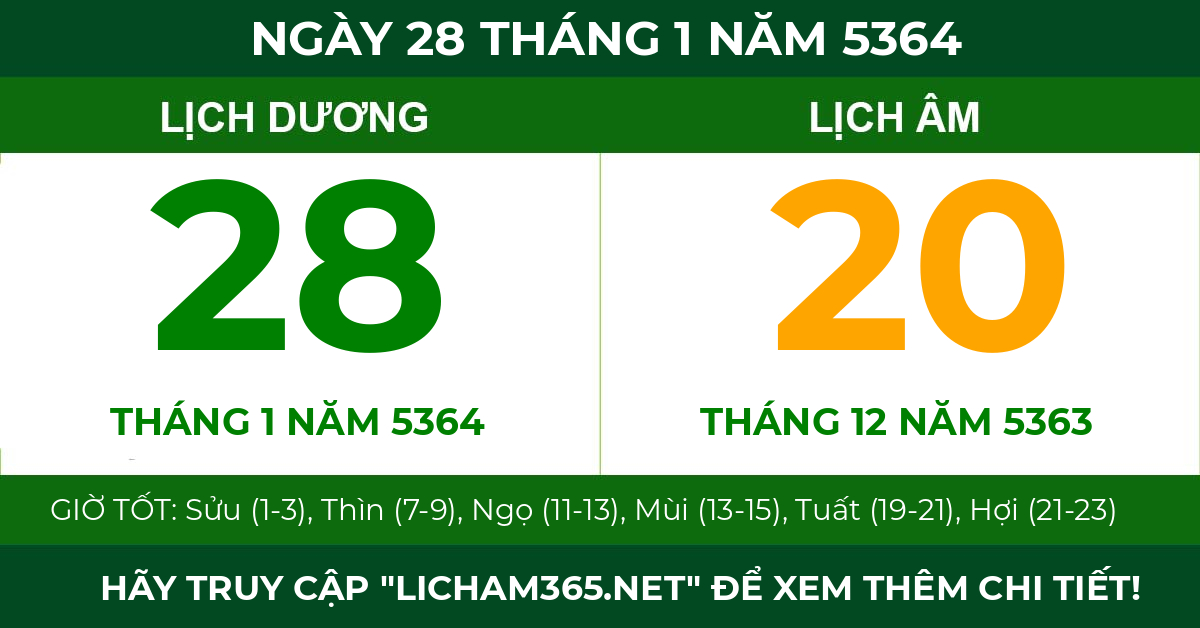 lịch âm ngày 28 tháng 1 năm 5364