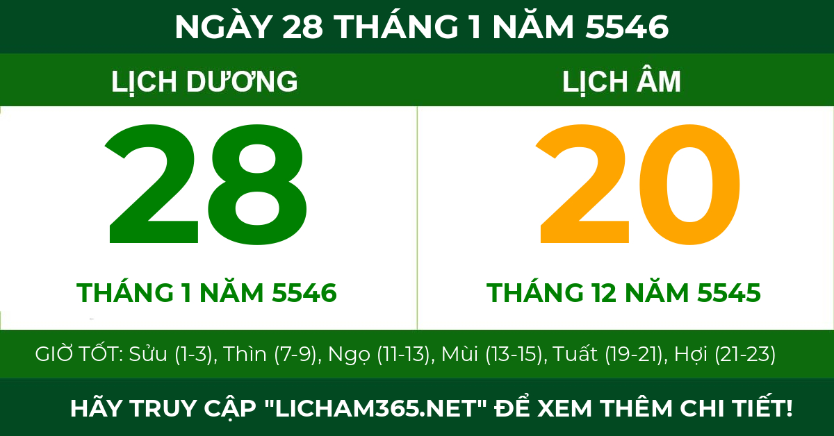 lịch âm ngày 28 tháng 1 năm 5546