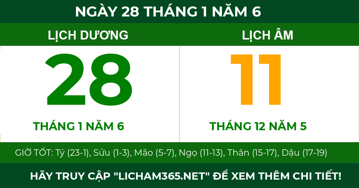 lịch âm ngày 28 tháng 1 năm 6