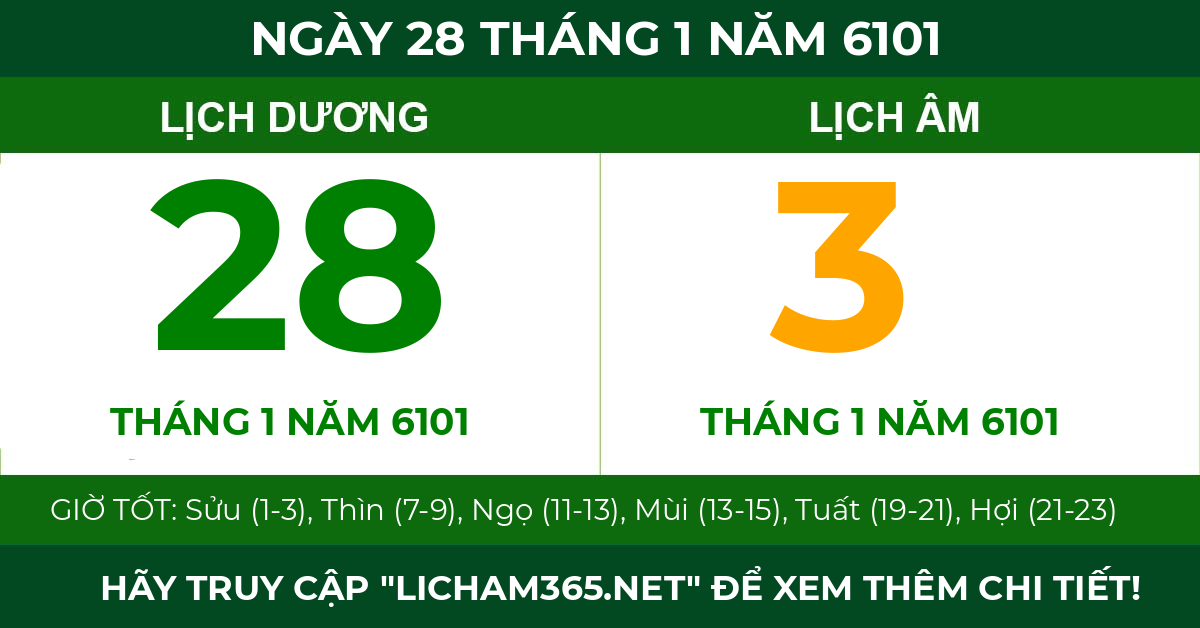 lịch âm ngày 28 tháng 1 năm 6101