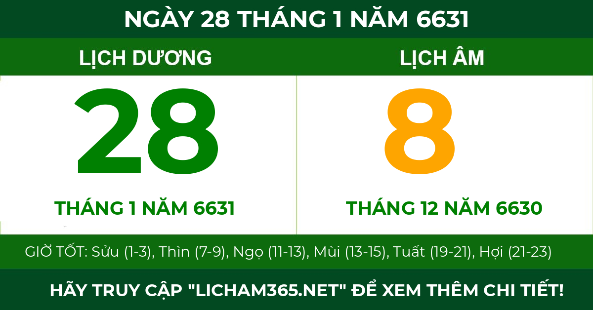 lịch âm ngày 28 tháng 1 năm 6631