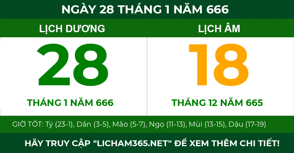 lịch âm ngày 28 tháng 1 năm 666