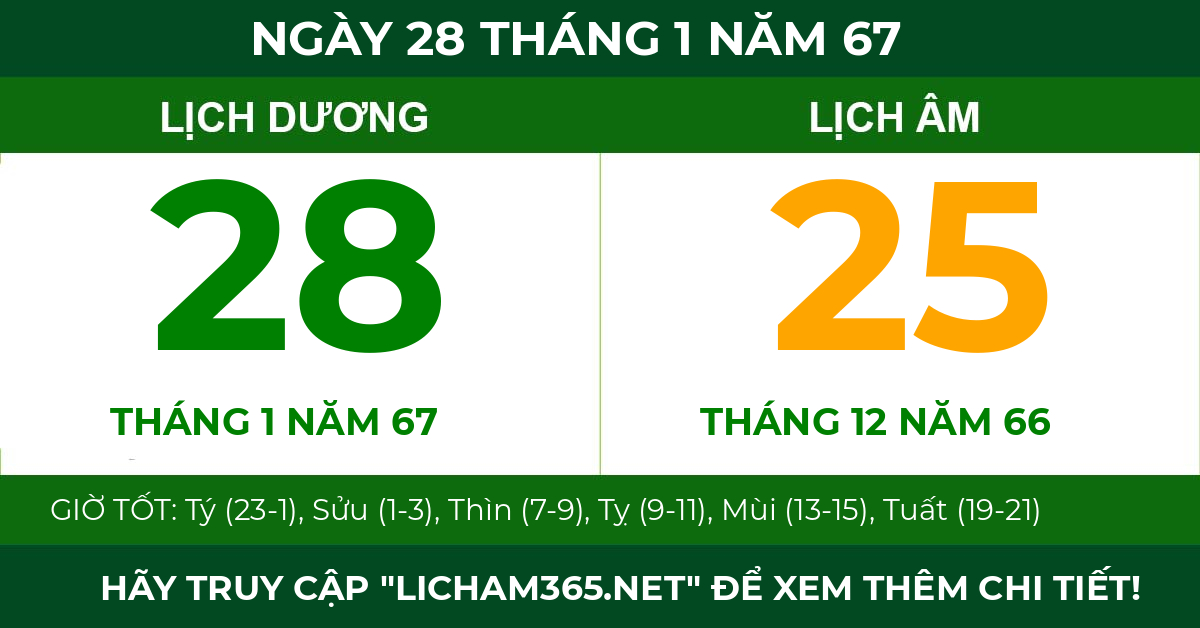 lịch âm ngày 28 tháng 1 năm 67
