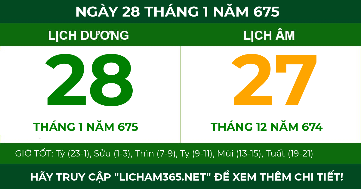lịch âm ngày 28 tháng 1 năm 675