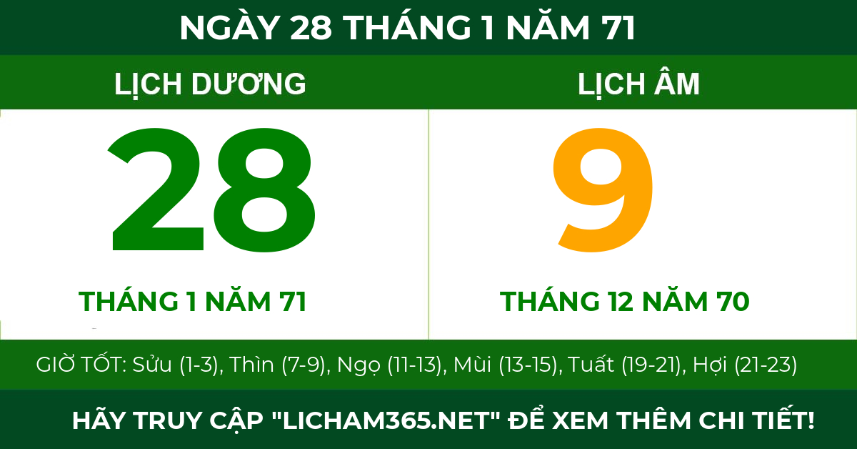 lịch âm ngày 28 tháng 1 năm 71