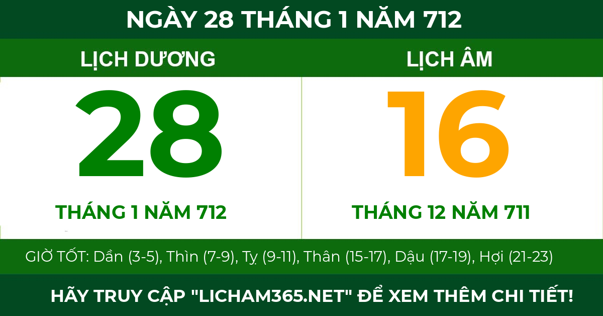 lịch âm ngày 28 tháng 1 năm 712