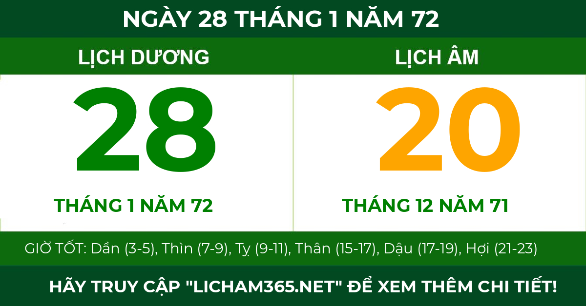 lịch âm ngày 28 tháng 1 năm 72