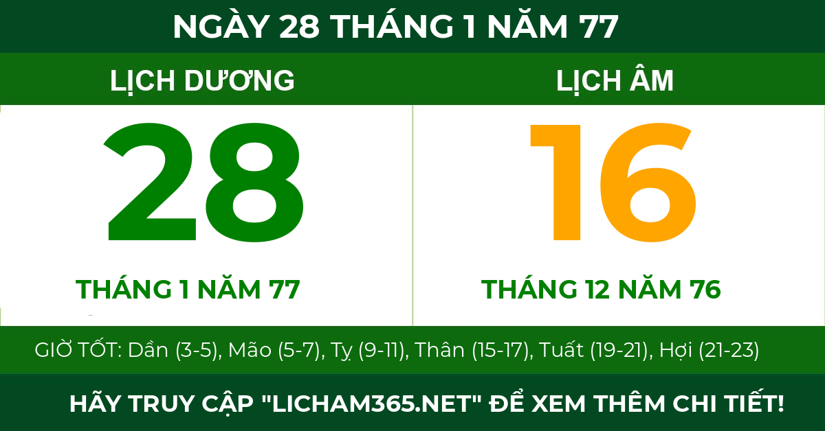 lịch âm ngày 28 tháng 1 năm 77