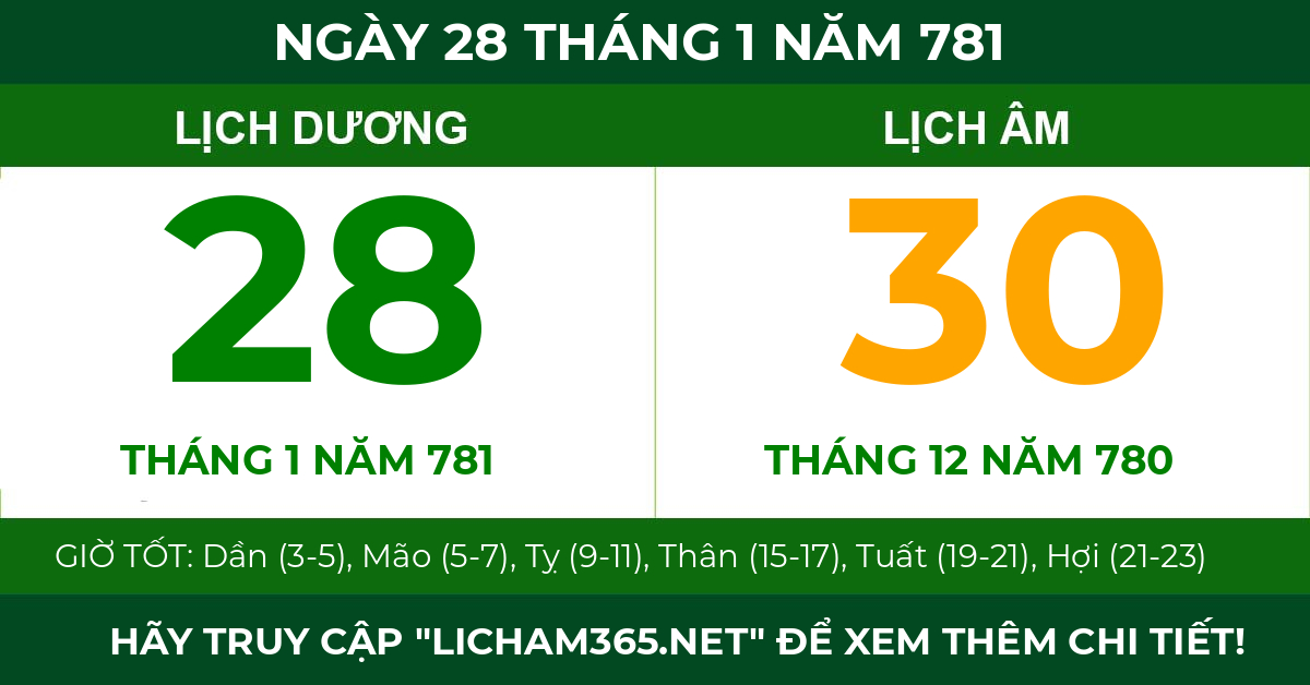 lịch âm ngày 28 tháng 1 năm 781
