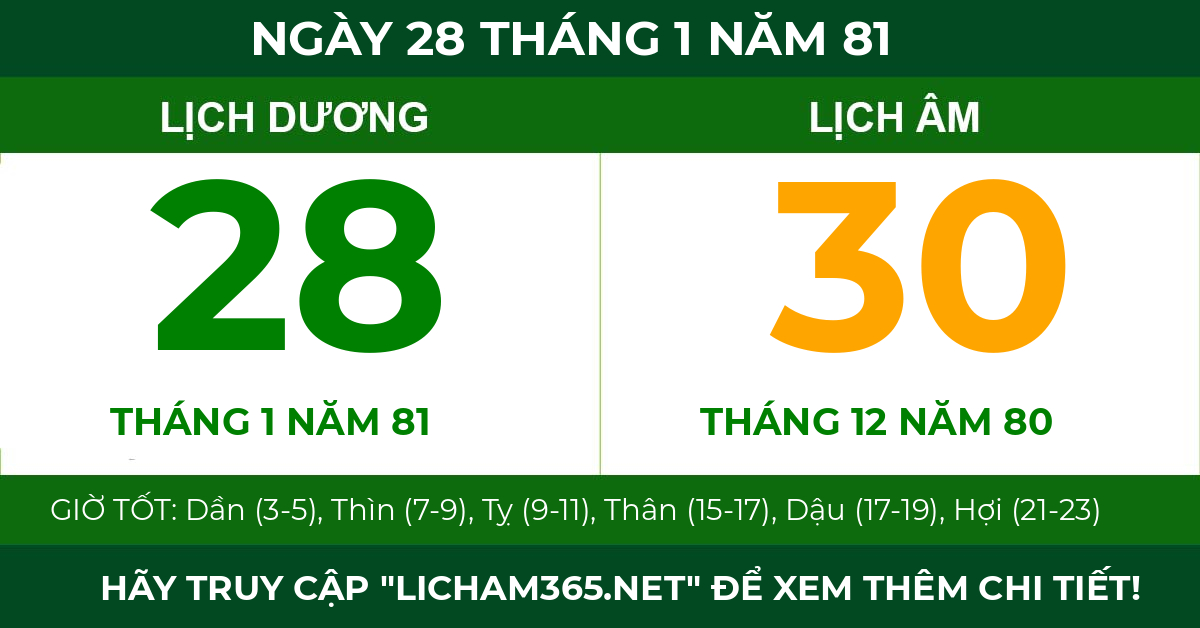lịch âm ngày 28 tháng 1 năm 81
