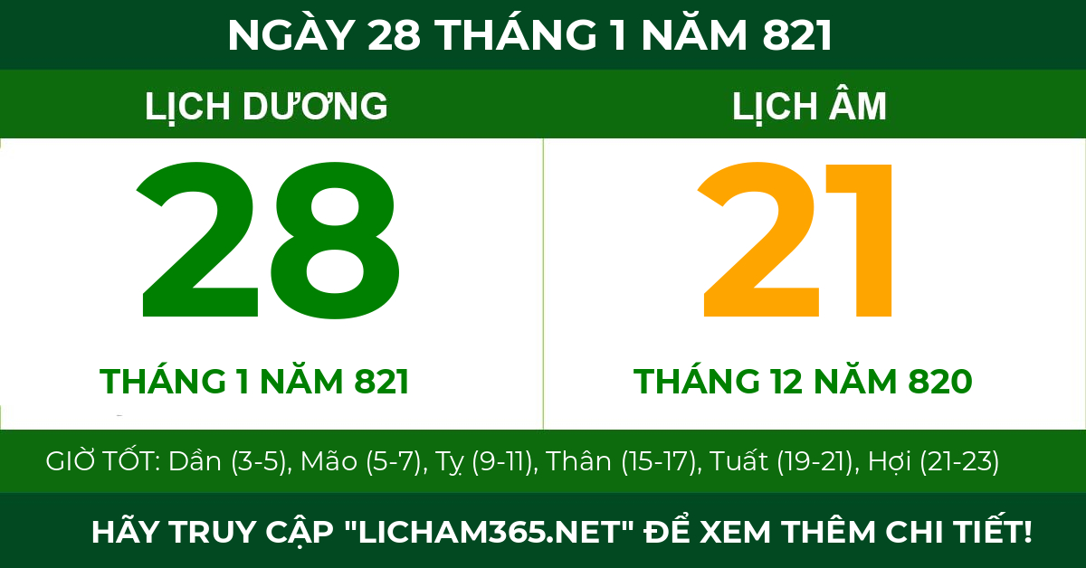 lịch âm ngày 28 tháng 1 năm 821