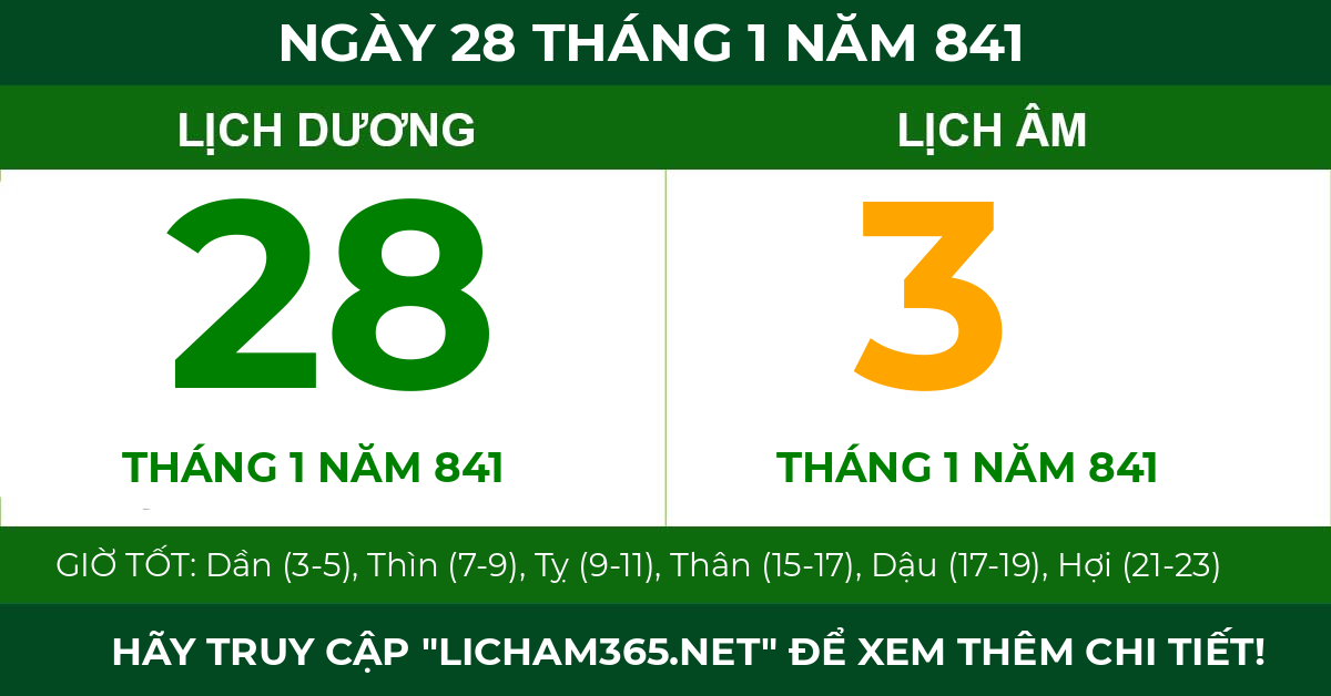 lịch âm ngày 28 tháng 1 năm 841