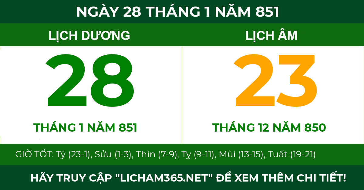 lịch âm ngày 28 tháng 1 năm 851