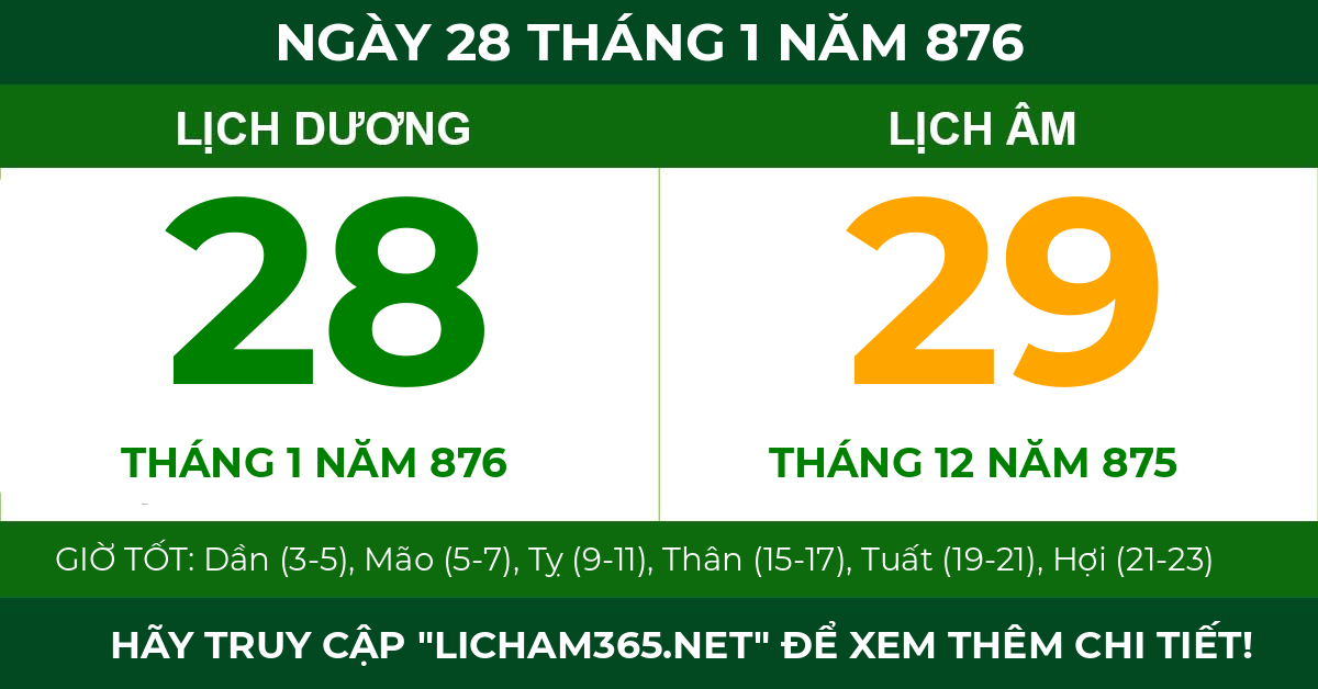 lịch âm ngày 28 tháng 1 năm 876